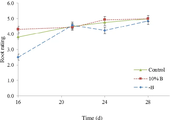 Fig. 4. Effect of nutrient regime (complete nutrient solution or nutrient solutions with either 10% or 0% B, but including all other nutrients at the same level as the complete solution) × rooting stage in time on root ratings during expt