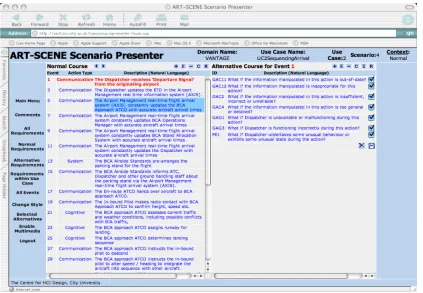 Figure 1. One VANTAGE scenario (VA2 Approach/Arrival Sequence Control) in the desktop version of ART-SCENE used during a scenario workshop walkthrough