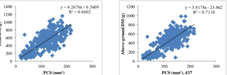 Fig. 1. Prediction of seedling dry mass (DM) (total and above-ground components) from petiole cross section (PCS) at nursery stage (n=480)  