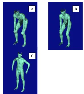 Figure 6: Example of 50apart, knees bent and torso flexed at the hip for 90 degree angle between the torso and legs, (B) Feet shoulder width apart, knees bent and torso flexed at the hip for 110 degree angle between the torso and legs, (C) Standing straight, feet shoulder th percentile male scanned with:  (A) Feet shoulder width width apart 