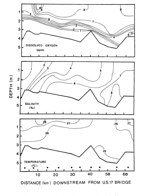 Figure 31. Hydrography of the Pamlico River on 8 July 1976. along bottom axis indicate stations measured