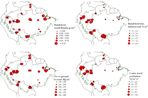 Fig. 1. Geographical distribution of stand-level wood density (ϱw), stand-level tree turnover rates (ϕ), above-ground biomass (B) and above-ground coarse wood production (WP) across the Amazon Basin