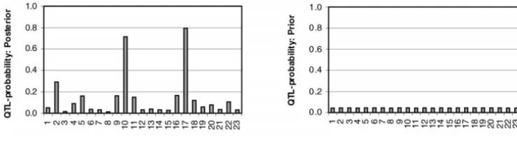Figure 2.—QTL probabilities.Locus-speciﬁc estimates of QTLprobabilities for the CF data set(left) and the corresponding priorprobabilities (right) are shown.Marker numbers are shown ontheon the x-axis and QTL probabilities y-axis.