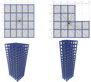Fig 14. Plan and elevation of  symmetric structure                    Fig 15. Plan and elevation of L-shape structure 