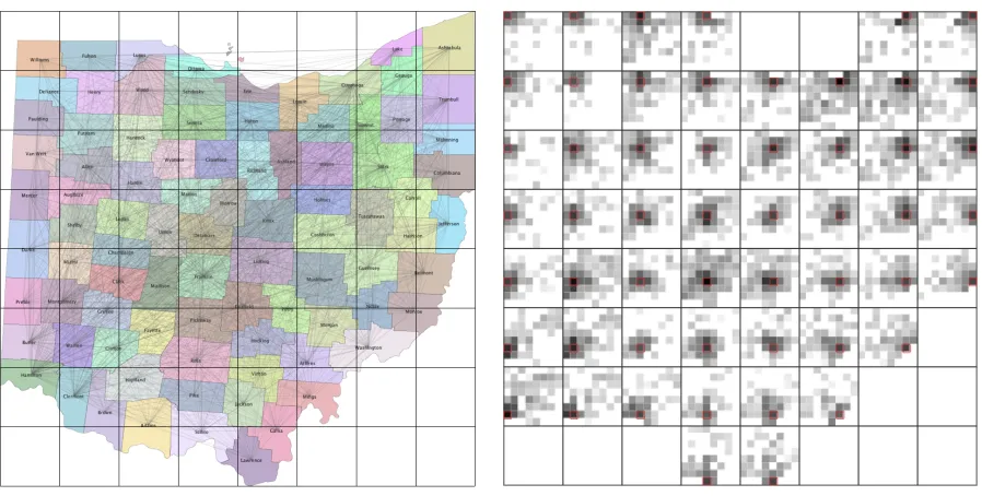 Figure 6. Rectangular regions used for Leicestershire Output Area travel to work trajectories and flow tree representation