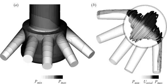 Figure 11. (a) Predicted pressure distribution inside the tapered large-scale 5-hole nozzle and(b) instantaneous image of the vortical structure formed inside the sac volume (high needlelift, CN = 3.0, Re = 53 000).