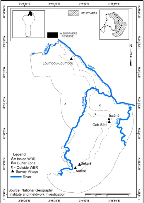 Figure 1. The W Biosphere Reserve (WBR) in Benin (small inset map left top corner), the  study area relative to the Beninese section of the WBR (small inset map right top corner) and  the study area