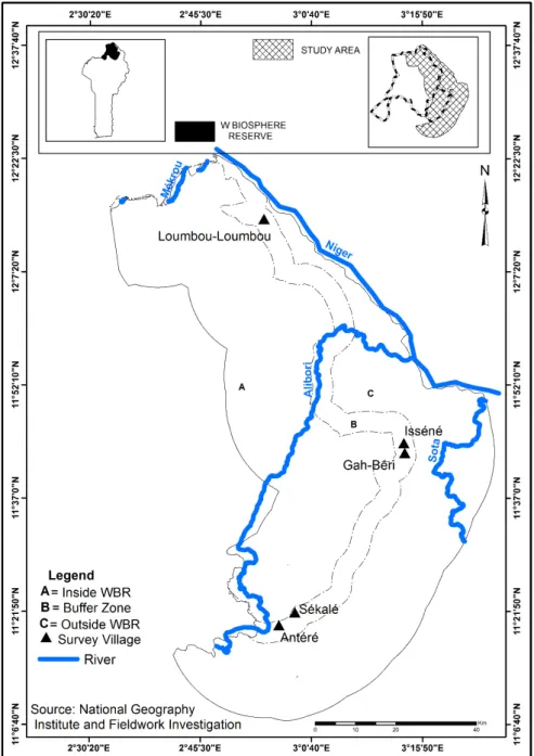 Figure 1. The W Biosphere Reserve (WBR) in Benin (small inset map left top corner), the  study area relative to the Beninese section of the WBR (small inset map right top corner) and  the study area