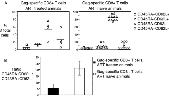 FIG. 4. ART treatment reverses the memory phenotype. (A) Pooled data for memory subpopulations of Gag-speciﬁc CD8�ART-treated (Gag-speciﬁc CD8 T cells fromn � 4) and ART-naı¨ve (n � 11) animals