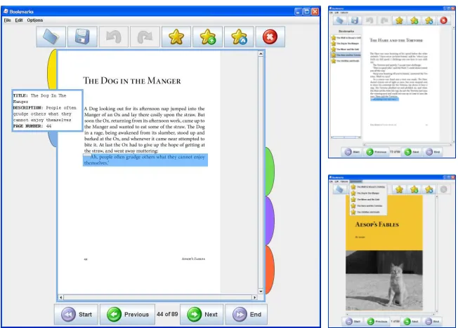 Fig. 1. Visual tabbed bookmarks (main ﬁgure); panel list (top right) and menu list(bottom right) interfaces for comparison