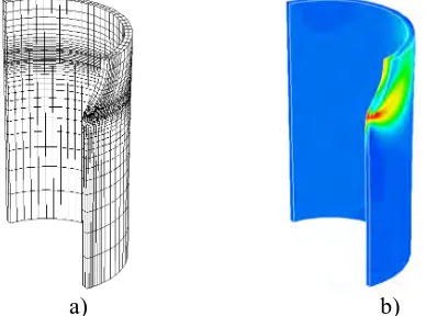 Figure 6. The finite element model of pressure tube with through-wall crack: a- finite element model of PT, b - the von Misses stress a distribution in the PT