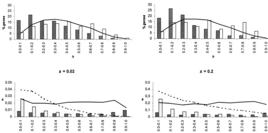 Figure 2.—Mutational parameters for newly arisen and segregating mutations for a model of dominance coefﬁcients followingdashed lines,for different classes of(bars) for different classes ofRight, mutational model fora beta distribution with mean value h N 