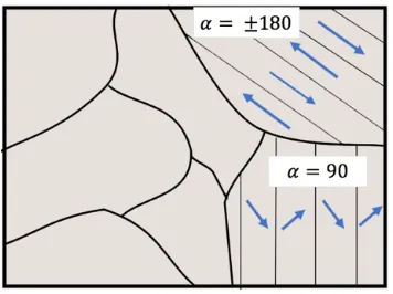 Figure 2.2 Schematic of ferroelectric material grains depicting 180◦ and 90◦ domains and domain walls.Polarization is randomly oriented in the grains
