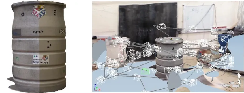Fig. 7: CAD of testbed environment with drum; position of drone at chosen frames indicated by camera icons.(a) Generated CAD model with mesh overlay (left side) and photo comparison (right side)