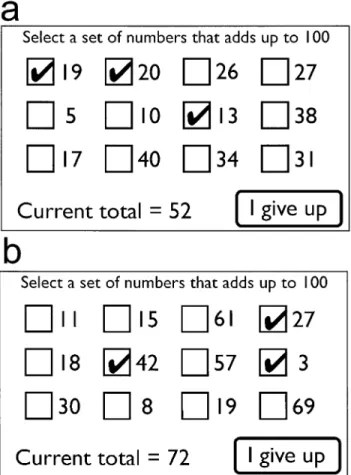 Fig. 4. One of the four easily completed numerical puzzles (a) and the impossible puzzle (b) from Experiment 3.