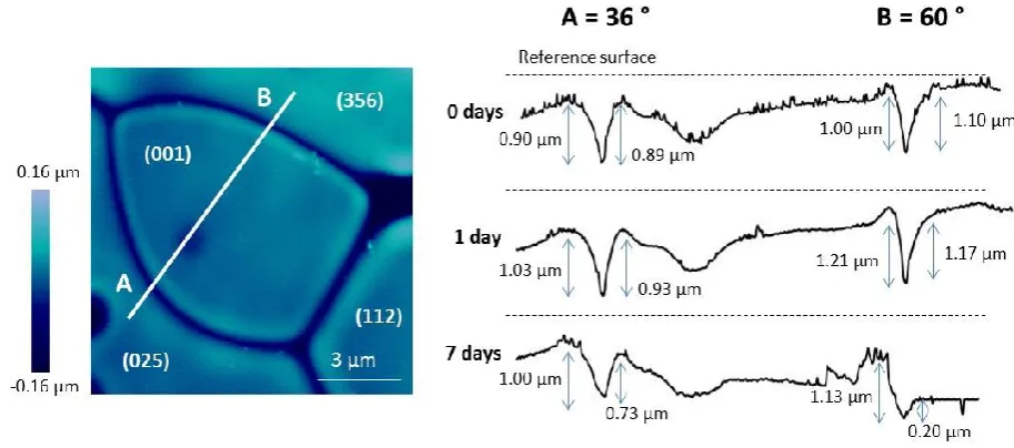 Figure 5. Atomic force microscopy image and cross sections of CeO2 grains, with grain boundaries of low (A) and high 