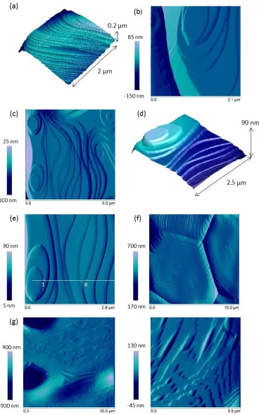 Figure 7. Atomic Force Microscopy images depicting surface features of CeO2 spent nuclear fuel analogue surfaces; (a) 