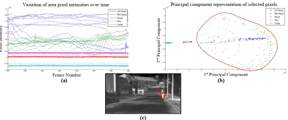 Fig 2.  Human detection based on temporal signature of humans. belong to pixels containing background objects (Road, Sky, Lamp)