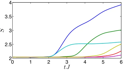 FIG. 11: Six example trajectories showing time-dependent DMRG simulations of the dynamics of 48 bosons on 48lattice sites in a master equation with H = HBH eq
