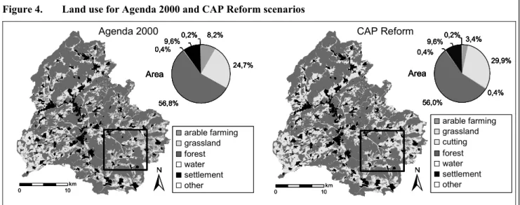 Figure 5 is a magnification of the rectangular area marked  in figure 4. It serves to demonstrate that the two simulated  policies result in different land uses and thus in a changed  landscape in this sub-region