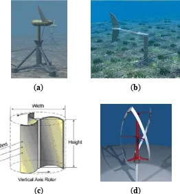 Figure 5. Tidal Turbines. From left to right are the (a) Swanturbine®, (b) By-ostream®,  (c) Savonius®, and (d) Gorlov®