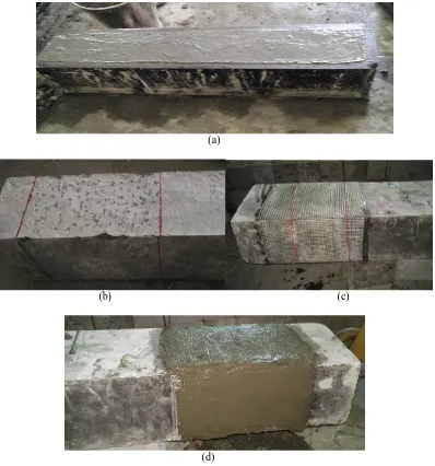 Fig. 3. Casting of specimen (a) Casting of RC Beam(b) Cleaning and chipping of beam surface(c) Wrapping of Nylon textile(d)Applying Mortar  