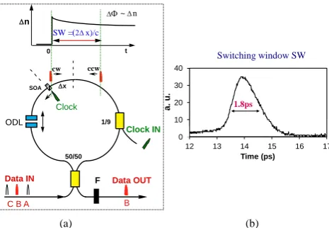 Fig. 3(a) Schematic diagram of Timing Gate (TG); (b) experimental demonstration of its picosecond switching capabilitie