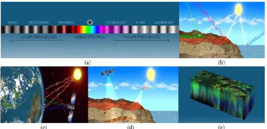 Fig -1: a) Electromagnetic spectrum b) reflectance of a chunk of the electromagnetic spectrum from the materials on  the Earth’s surface, (c) hyperspectral sensors which scan the sunlight bouncing off the Earth’s surface, (d) sensors mounted on airplanes o