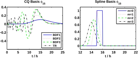 Figure 1. Typical CQ and spline basis functions. See subsections 2.3 and4.1 for details.