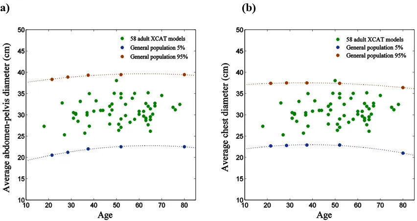 Figure 2.1. Variability in size among the patient models. The individual data points represent the average diameter of a) abdomen-pelvis and b) chest for 58 individual models, while lines represent the various (5 and 95 percent) percentiles according to ge