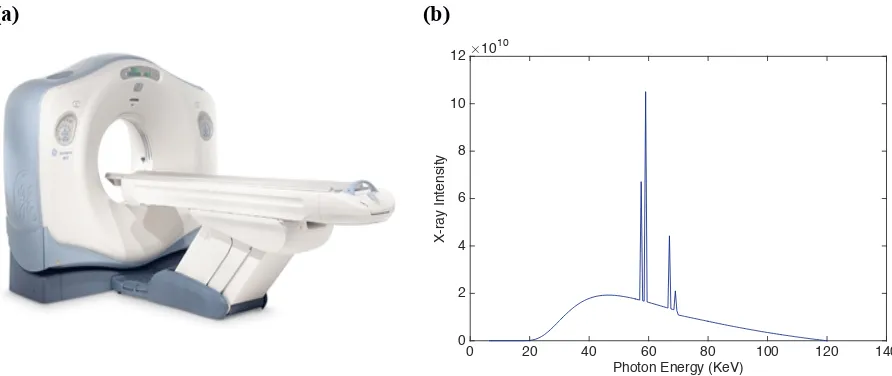 Figure 2.2. a) A multi-detector array CT scanner LightSpeed VCT, GE Healthcare was used in all simulations in this thesis