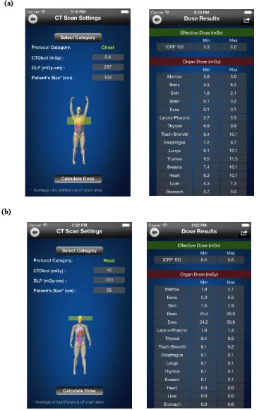 Figure 2.10. Screen captures of the Dose Calculator iPhone app showing a male adult patient XCAT phantom in interactive rendering mode undergoing (a) chest and (b) head scans