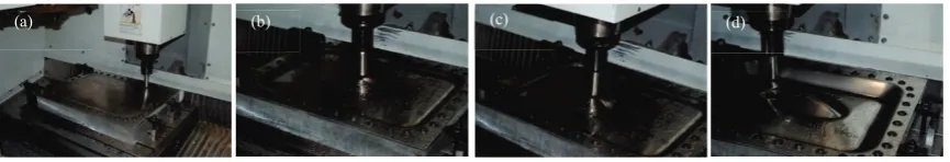 Fig. 1. Series of photographs recorded during different stages of deformation of incremental forming process of an AA7075 alloy sheet