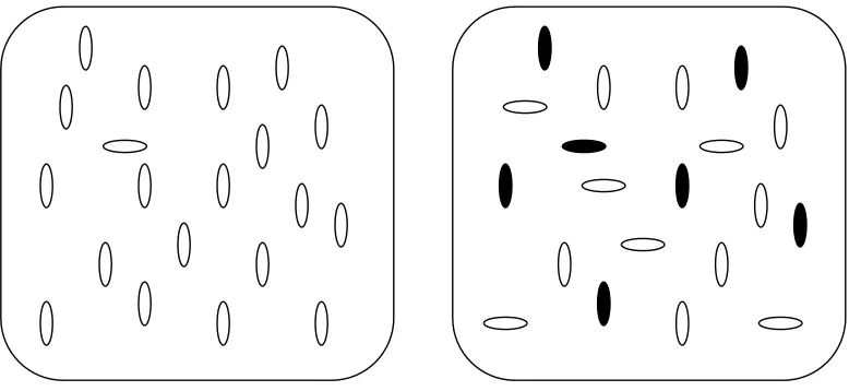 Fig. 3-2: Example of search displays in which the target is defined by a single feature (left panel), in this case horizontal orientation, or by a conjunction of features in a unique combination (right panel), in this case black polarity and horizontal ori
