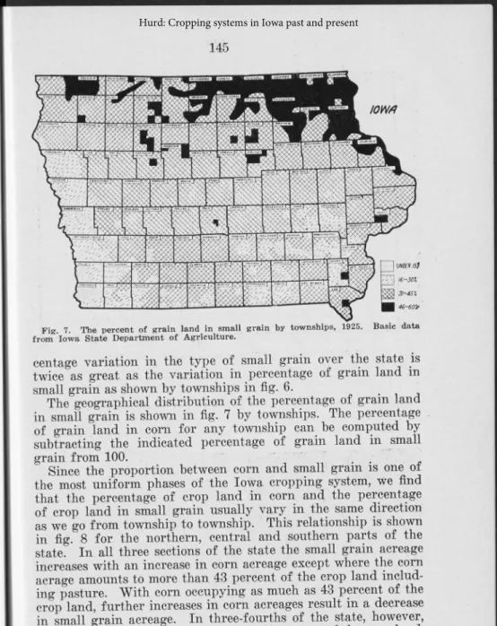 Fig.  7.  The  percent  of  grain  land  in  small  grain  by  townships,  1925.  Basic  data  from  Iowa  State  Department  of  Agriculture.