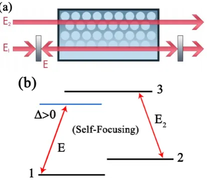 FIG. 1: (Color online) (a) The cavity conﬁguration with thethree-level atomic medium and the holding| EI and couplingE2 beams