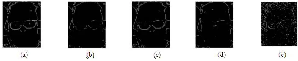 Fig. 8. (a) Salt and Pepper noise attenuated gray image1 (b) image1 after 5×5 mean filtering (c) image1 after 5×5 median filtering (d) image1 after 11×11 median filtering (e) image1 after 5×5 adaptive Wiener filtering 