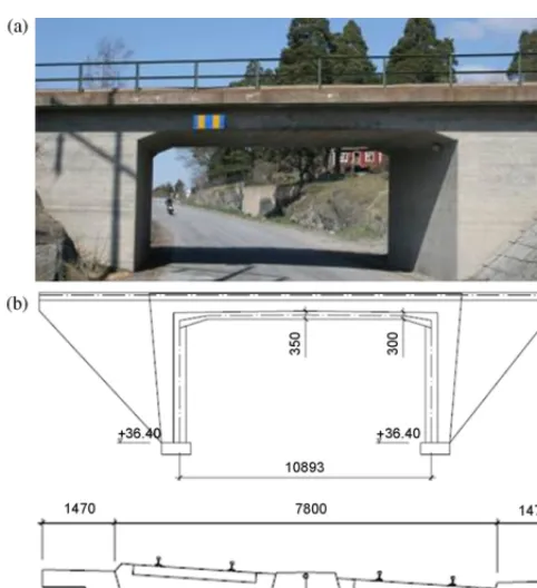 Fig. 1. The Frövi bridge: (a) picture of the bridge; (b) side view and cross section.