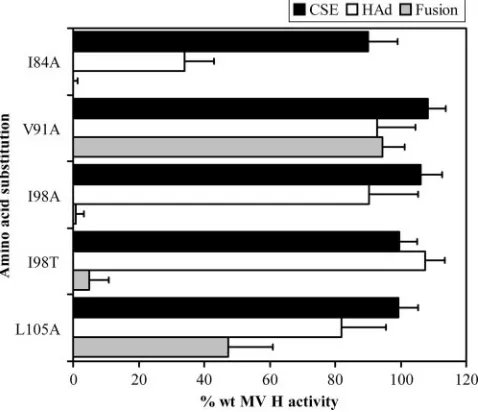 FIG. 4. Cell surface expression (CSE) and functional characteris-tics of the MV H proteins with mutations in the heptadic residues of