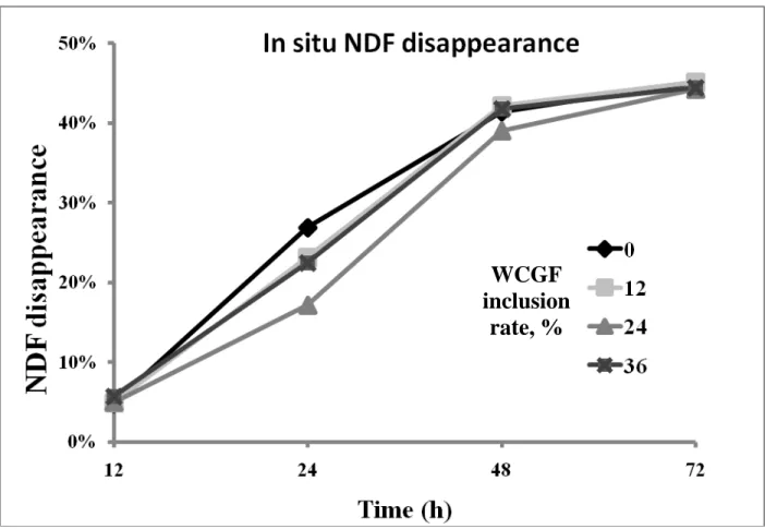 Figure 2.2  In situ NDF disappearance of soybean hulls in diets with increasing amounts of  WCGF measured over a 72-h period