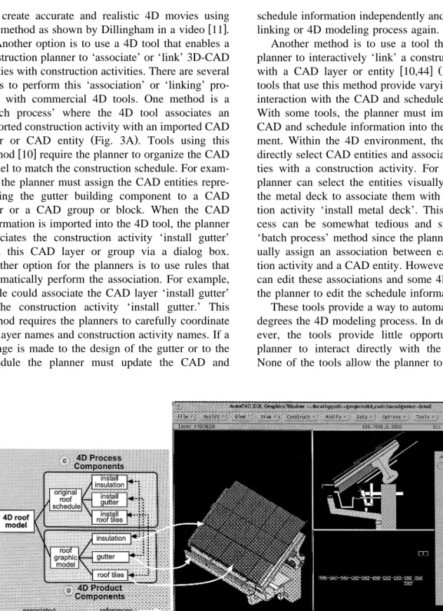 Fig. 4. CIFE 4D-CAD: screen shot of 4D environment within AutoCAD and example of semantic model in D q q w .