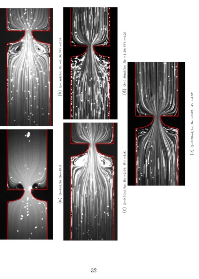 Figure 5: Flow patterns in a hyperbolic-shaped micro-contraction/abrupt expansion: (a) de-ionized water and aqueous PAA