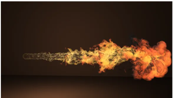Figure 2.2: A flamethrower projectile we created in Maya using Fluid method and rendered in Mentalray renderer.