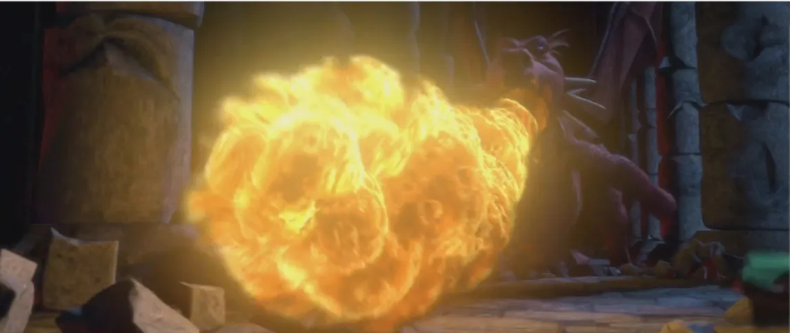 Figure 2.8: Screenshot from Shrek (2001). The flame was modeled using [LF02]. In this screenshot the flame evolves towards camera.