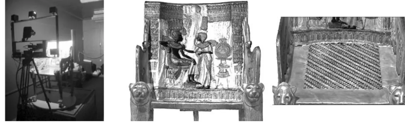 Figure 1. Left: Scanner and the throne. Center and Right: Images generated from the scanned model of the throne of Tutankhamen that illustrate the its detailed texture, and the spatially sharp changes in appearance properties that need to be maintained whe