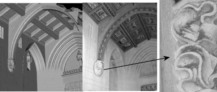 Figure 9. Geometry from six merged range scans of a Yale building alcove (left), digital photo of the same section of alcove (center), digital photo showing level of detail we hope to achieve in building modeling.