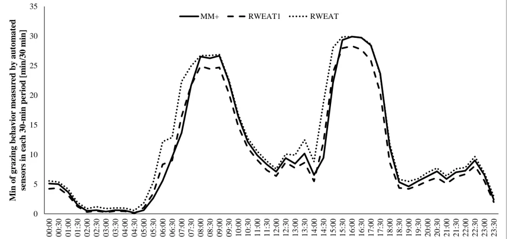 Figure 2: Graphical analysis of diurnal grazing time of cows defined by the MooMonitor+ (MM+) and by the RumiWatch noseband sensor with  the parameter “RWEAT1”, which represents the grazing time with head position down (EAT1TIME) and with the parameter “RW