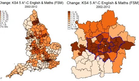 Figure 5 Change in proportion of pupils eligible for FSM achieving five or more GCSEs at A*–C including English and maths (or equivalent), across local authorities, 2002–12 