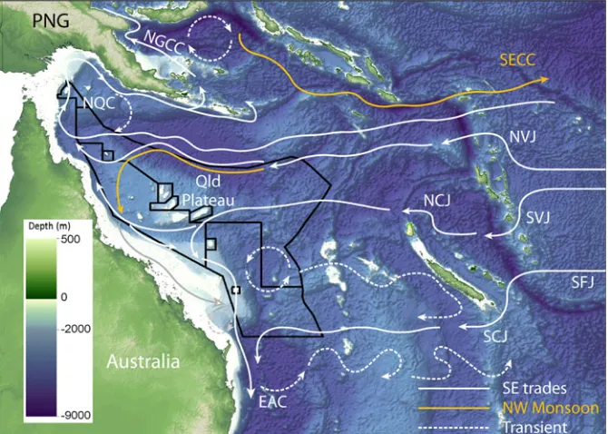 Fig. 1 Bathymetry (of the Coral Sea. Major currents shown are the East AustralianCurrent (EAC), North Queensland Current (NQC), New Guineashading) and circulation features (vectors)Coastal Current (NGCC), South Caledonia Jet (SCJ), North
