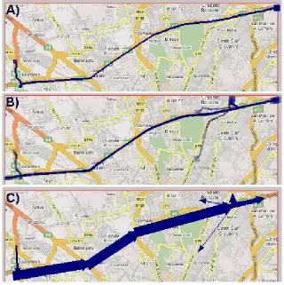 Figure 5. A) Visualization of a single trajectory on a map. B) A cluster of trajectories with similar routes; each trajectory is drawn with 30% opacity